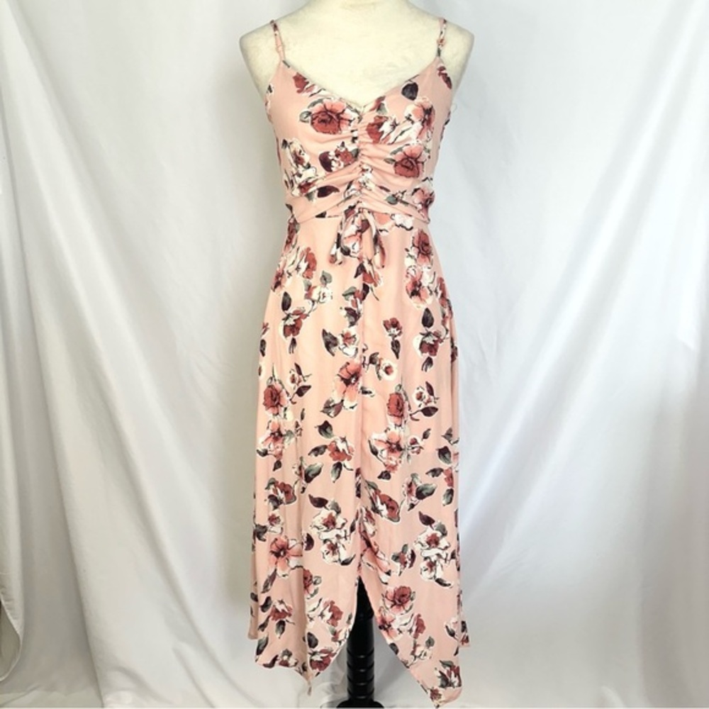Three Pink Hearts Dress Womens XS Floral Print Maxi Pink‎ High Low Hem Ruched
